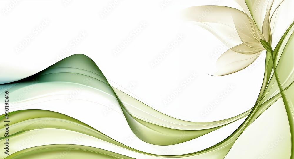 Fototapete Curves in green and cream gracefully flow across a clean white backdrop, creating an elegant abstract composition