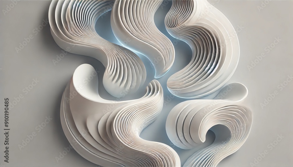 Poster abstract 3d artwork with layered, flowing curves and soft lighting in a minimalist design