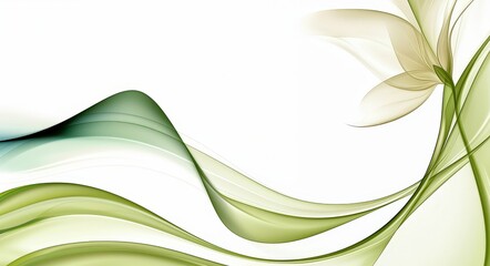 Curves in green and cream gracefully flow across a clean white backdrop, creating an elegant abstract composition