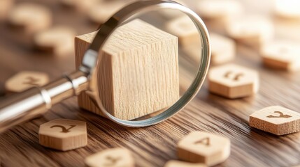 Risk  wording on wooden cube, magnifier focusing, illustrating banking risk and return concept