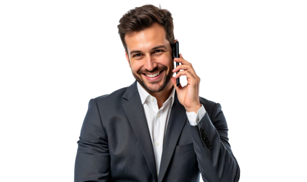 Portrait of a smiling businessman talking on the phone isolated on transparent background - Powered by Adobe