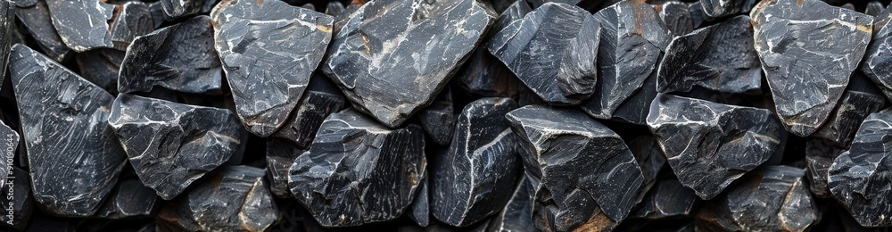 Poster a collection of dark, sharp-edged rocks is neatly arranged at a construction site under bright dayli