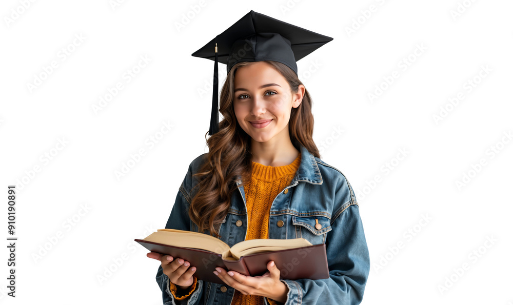 Wall mural Portrait of a smiling young female college student wearing square academic cap and holding book, isolated on transparent background