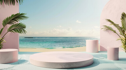 Obraz premium 3d render modern minimalistic product presentation platform display stage template background. Sea ocean landscape. Summer vibes