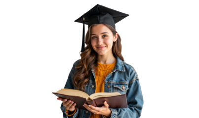 Portrait of a smiling young female college student wearing square academic cap and holding book, isolated on transparent background