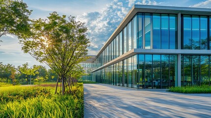 Obraz premium Corporate headquarters with green building certification, showcasing sustainable architecture and ESG compliance