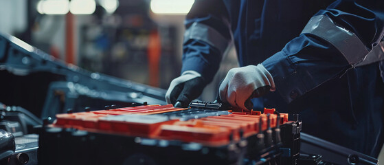 Mechanic Working on Electric Car Battery, Close Up