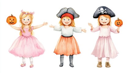 Princess and pirate costumes, Halloween school party, kids having fun, watercolor style