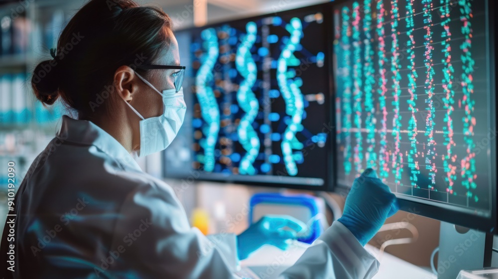 Poster a biomedical scientist analyzing genetic data to understand inherited diseases and genetic disorders