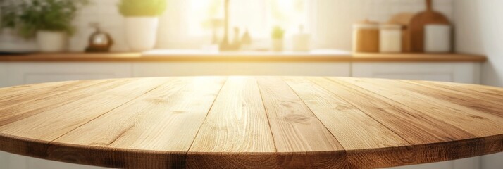 Round wooden tabletop in a well-lit kitchen environment, perfect for advertising and product presentation with a defocused background
