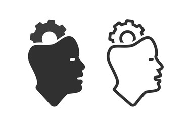 Person intuition head icon simple vector graphic pictogram illustration set, personal knowledge skill cog wheel gear symbol, mental knowledge sign, technical logic brain image clip art
