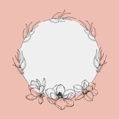 A round arrangement of magnolia and eucalyptus flowers . Sketch using black and white lines.
