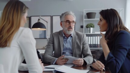 Fototapeta premium A real estate agent discussing property details with clients in an office