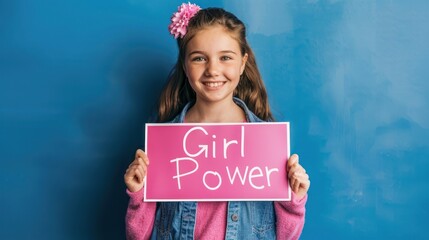 A young girl proudly holding a handmade "Girl Power" sign