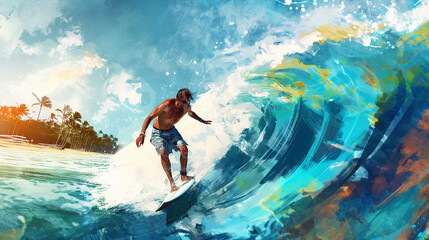 Surfer riding a wave at a tropical beach, thrilling and vibrant
