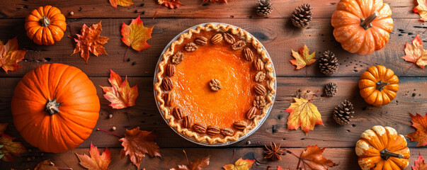 traditional fall pumpkin pie on a rustic wooden table. The pie has a golden, flaky crust and a rich, spiced filling. with fall decor around it