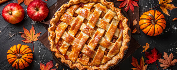 traditional fall pumpkin pie on a rustic wooden table. The pie has a golden, flaky crust and a rich, spiced filling. with fall decor around it