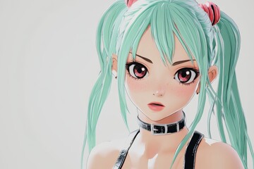 Naklejka premium Anime-style girl with turquoise hair, pink eyes, and pigtails, wearing a choker and black outfit, detailed digital illustration.