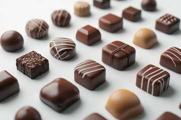 Fototapeta premium Assorted gourmet chocolates neatly arranged in rows with various shapes and designs, showcasing a beautiful and tempting confectionery display.