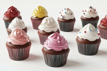 Assorted colorful cupcakes with various frosting types, arranged in rows on a white background. Perfect for bakery promotions or dessert ideas.