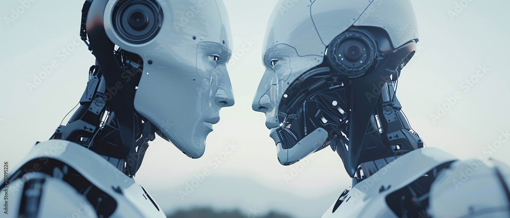 Poster two humanoid robots facing each other in a futuristic setting