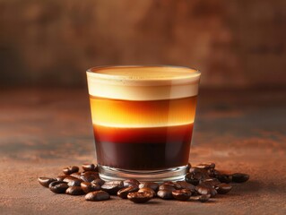 Italian macchiato in a clear glass, coffee layers visible, on a background of beans