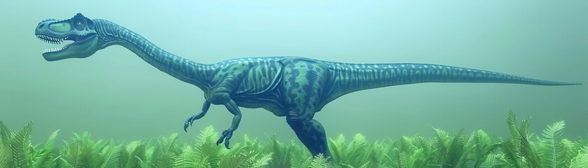 Jurassic period dense jungle scene, dinosaurs in the mist, early morning light