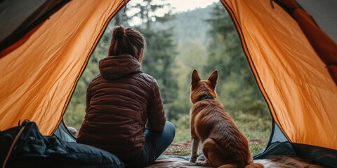 A woman sits with her dog inside a tent