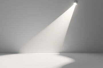 Obraz premium Minimalist image of a single spotlight casting a beam of light on a white wall. Ideal for concepts of focus, illumination, and space.