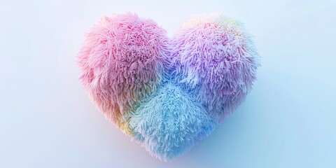 Pastel fuzzy heart shape against light blue background.