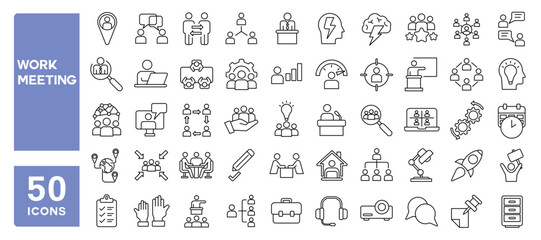 Set of 50 line icons related to work meeting, conference, brainstorm, communication, presentation, office, business, management, Editable stroke. Vector illustration