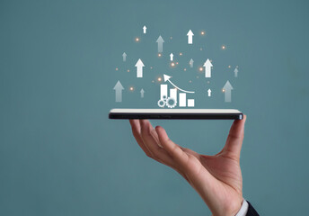 Businessman with productivity icons for efficient and effective industrial management. Lean cost and productivity growth. Productivity improvement process concept.