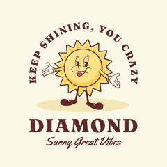 Groovy Sun Retro Character Label. Cartoon Summer Personage Walking and Smiling. Vector Funny Mascot Logo Template. Happy Vintage Cool Illustrations Isolated