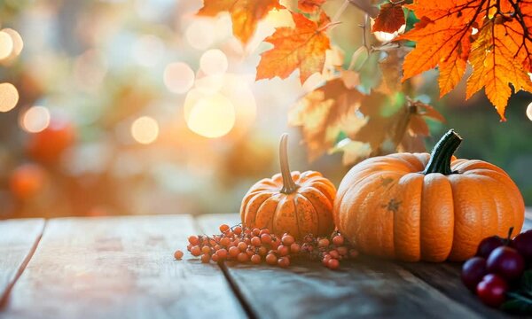Rustic autumn setting with pumpkins and berries on wooden table Bokeh lights in background
