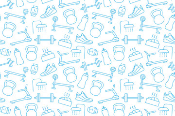 seamless pattern with sport, fitness, gym related icons: water bottle, treadmill, hantelbank, barbell, dumbbell, watch, seakers, shower, sauna, kettlebell vector illustration