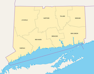 Connecticut, U.S. state, subdivided into 8 counties, political map with borders and county names. State in the New England region of Northeastern United States nicknamed The Constitution State.