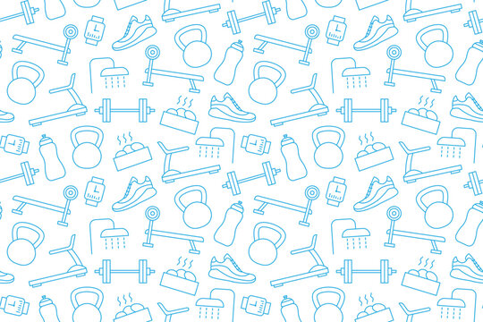 seamless pattern with sport, fitness, gym related icons: water bottle, treadmill, hantelbank, barbell, dumbbell, watch, seakers, shower, sauna, kettlebell vector illustration