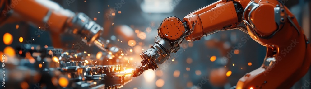 Poster a close-up of robotic arms engaging in a welding process, showcasing technology and automation in mo