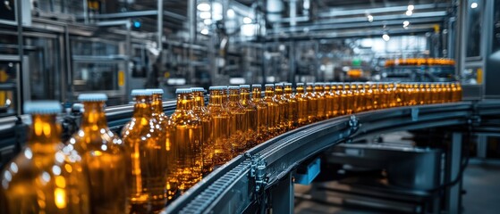 Fototapeta premium A detailed view of a factory line featuring amber glass bottles in a modern production environment, showcasing industrial efficiency.