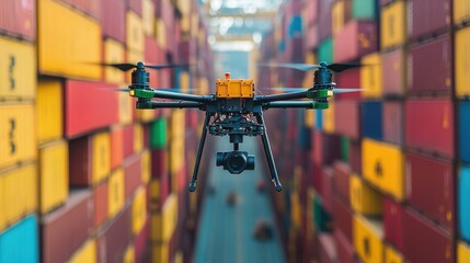 A drone flying over a busy shipping container yard, showcasing modern logistics and aerial technology in action.