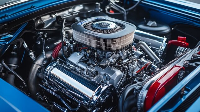 A powerful classic car engine features polished chrome and red accents, showcasing intricate mechanical details and performance enhancements under the hood.