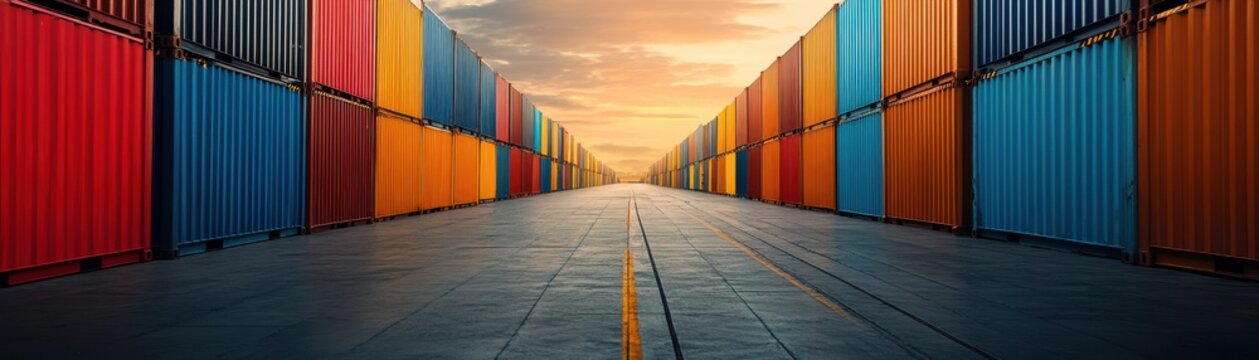 A vibrant scene of colorful shipping containers arranged in a row, marking a busy logistics area at sunset.