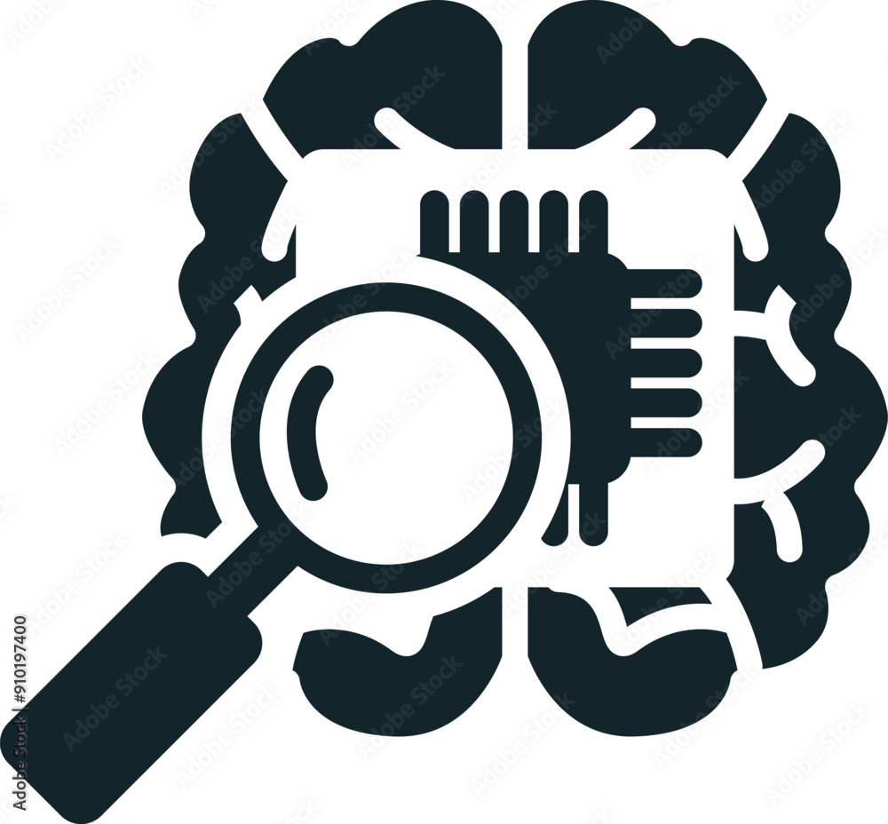 Poster magnifying glass analyzing microchip inside brain for artificial intelligence