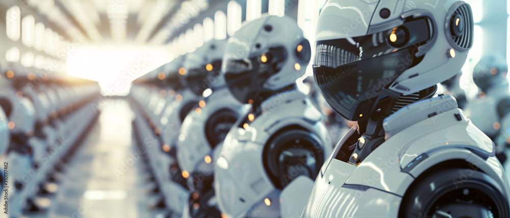 Poster futuristic robots in a row, a glimpse into the future of artificial intelligence, a glimpse into the