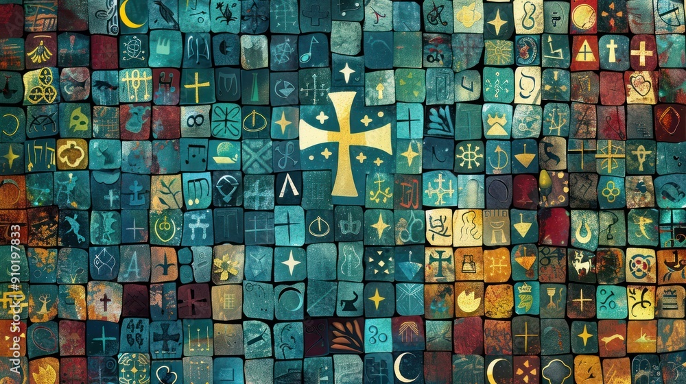 Poster abstract background featuring various religious symbols in a mosaic pattern.