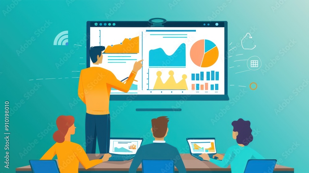 Poster a digital leader presenting data analytics to a team via video call