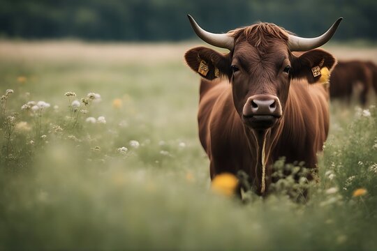 kuh die cow rind bull ox portrait dairy horn brown cattle eye curious meadow release head isolated ear close-up view look interest happy healthy beef snout ruminant fur farm white background lateral