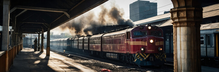 Passenger train on fire at train station, smoke billowing, no people visible