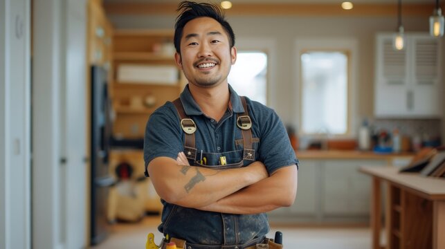 Smiling handyman with crossed arms in a modern kitchen, wearing a tool belt and denim shirt, ready for work
