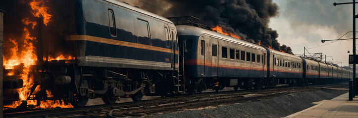Dramatic scene of a passenger train on fire at train station close-up, smoke billowing, no people visible, safety and emergency concept